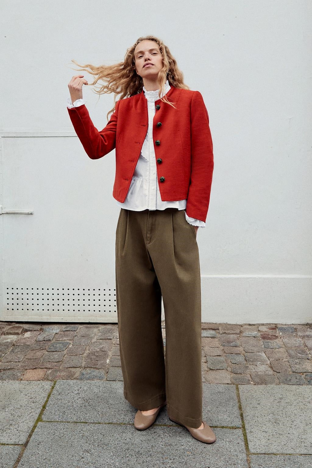 ZA Red Collarless Button Jacket