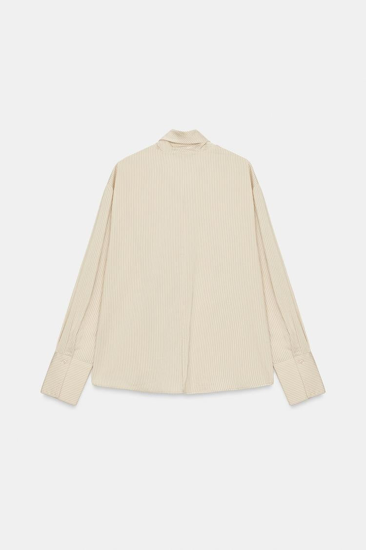 ZA Embroidered Tie-Neck Pinstripe Blouse