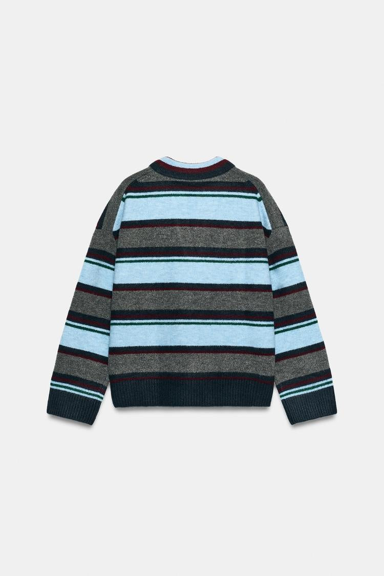 ZA Striped Polo Collar Knit Sweater