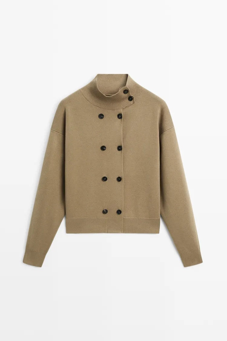 MD Double-Breasted High-Neck Knit Cardigan