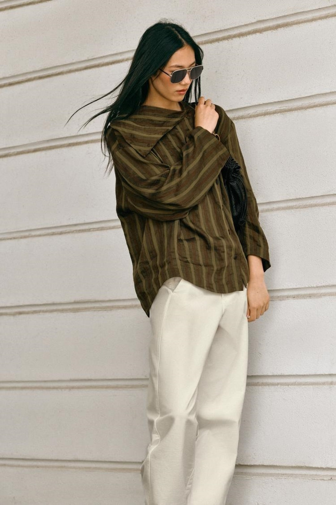 ZA Olive Striped Draped-Collar Blouse