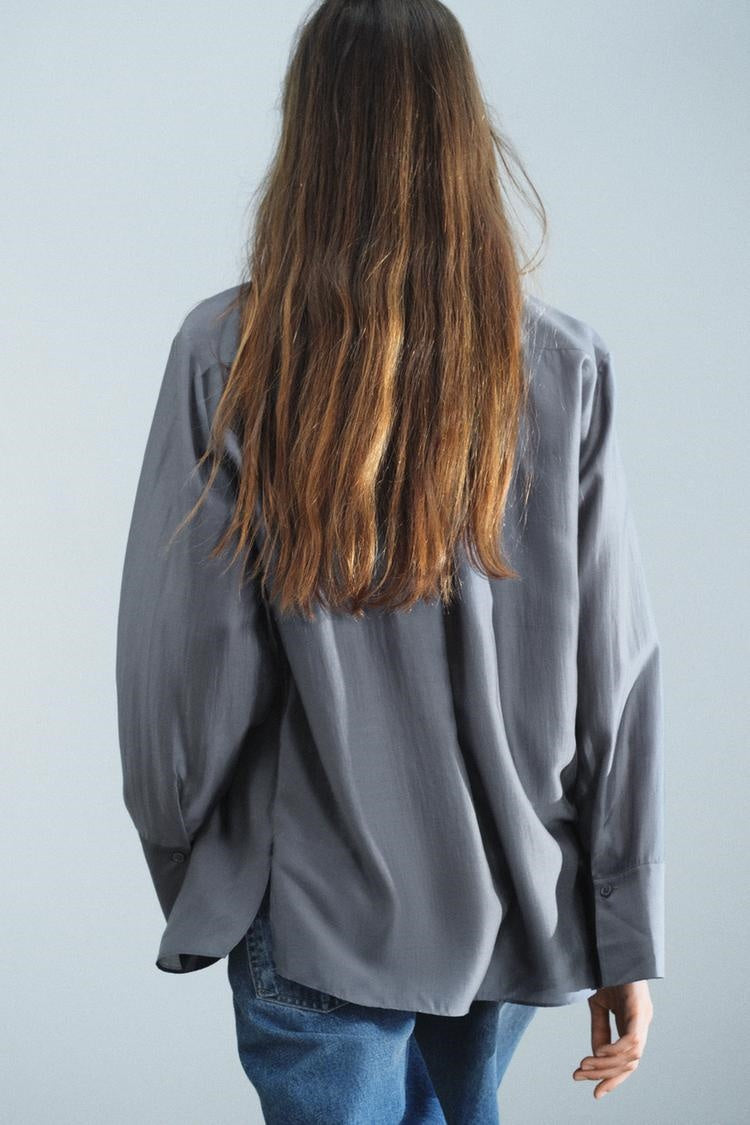 ZA Metallic Grey Tie-Neck Satin Blouse