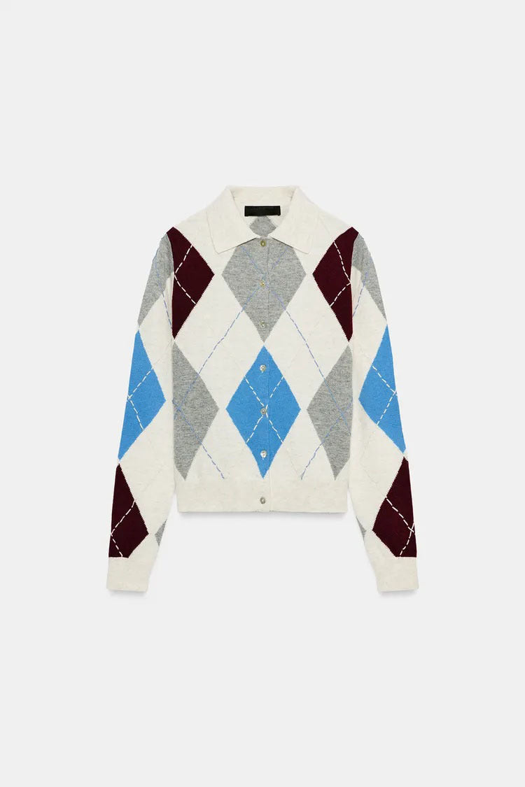 ZA Argyle Knit Collared Cardigan