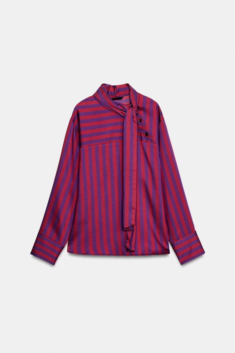 ZA Striped Satin Tie-Neck Blouse