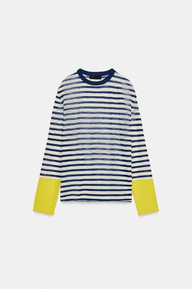 ZA Striped Contrast-Cuff Long-Sleeve Top