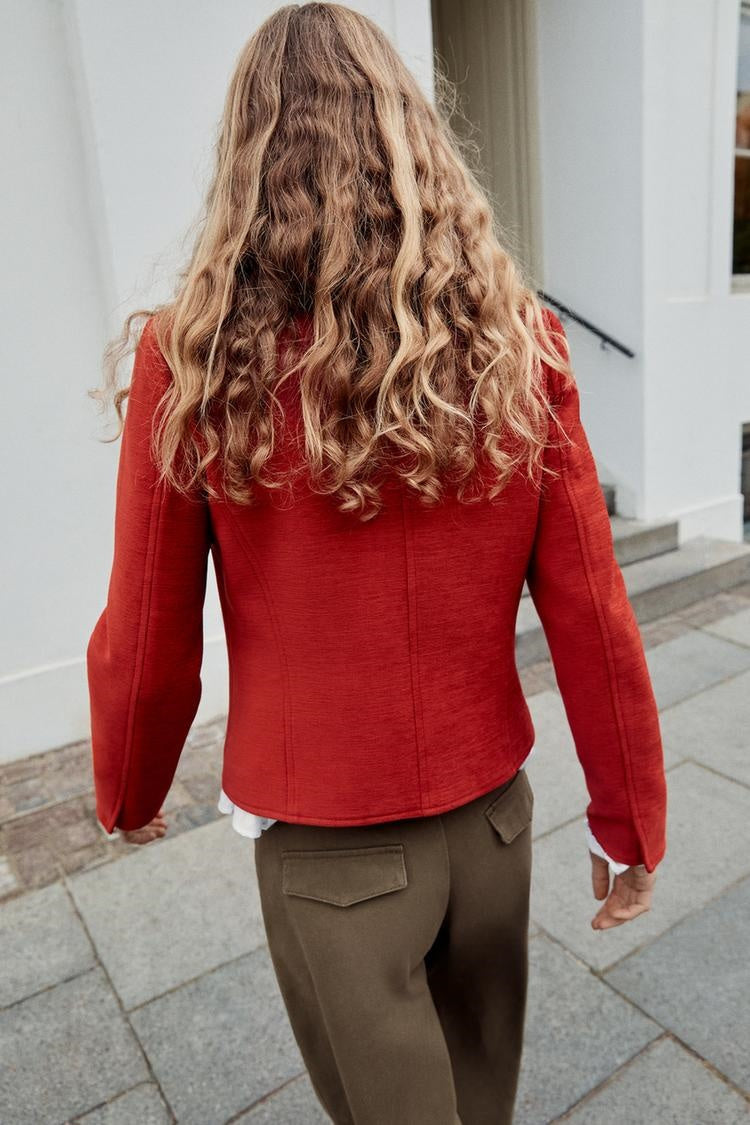 ZA Red Collarless Button Jacket