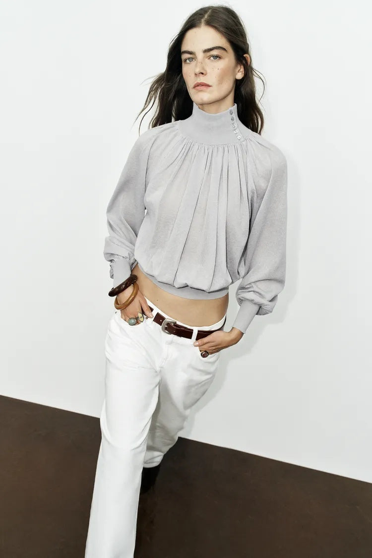ZA High-Neck Gathered Blouson Top