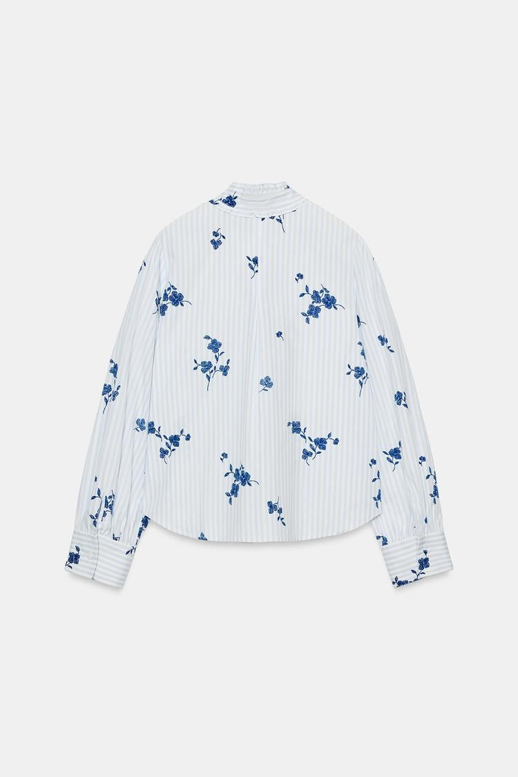 ZA Floral Tie-Neck Striped Blouse