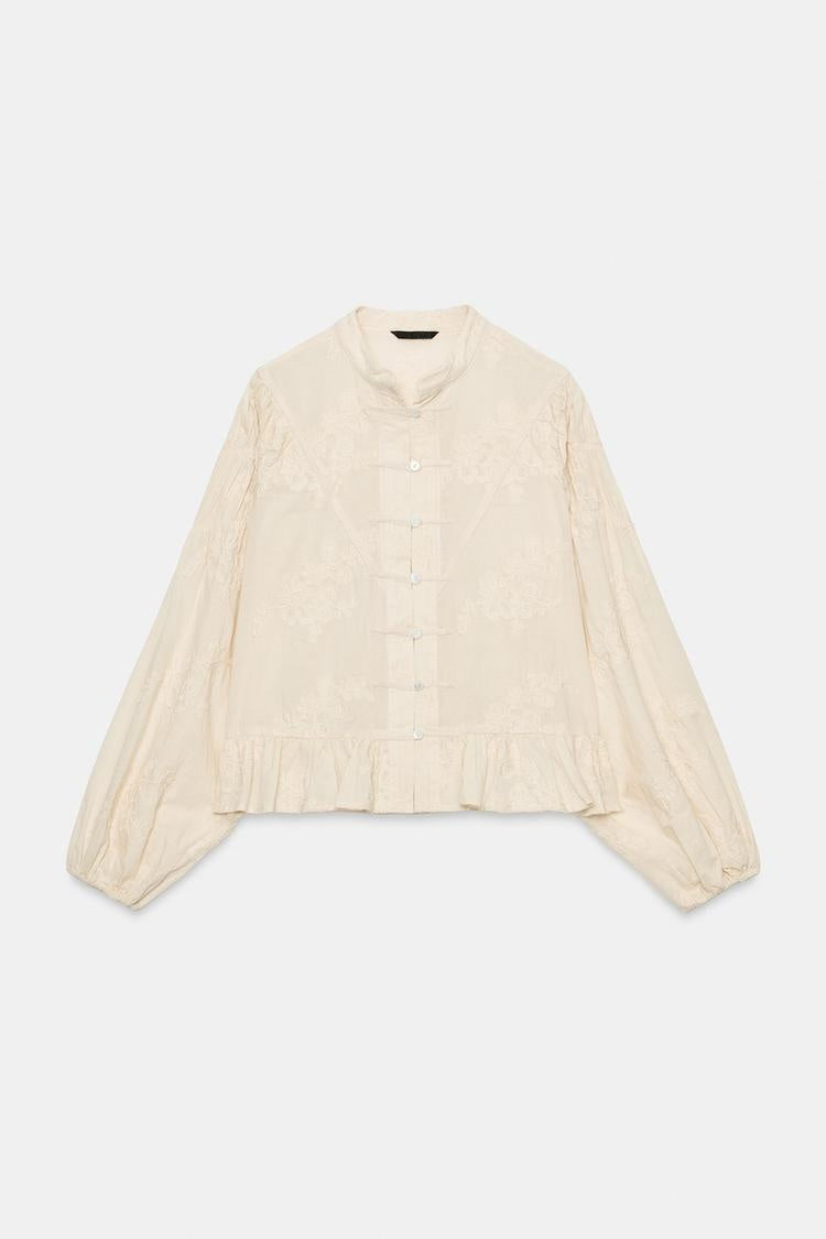 ZA Women’s Embroidered Ruffle-Hem Blouse