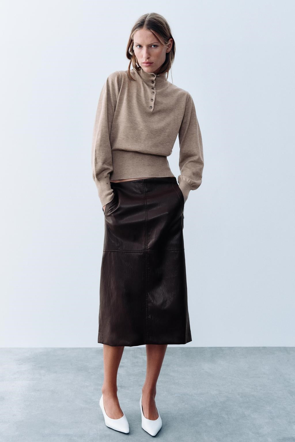 ZA Button-Neck Fine Knit Sweater