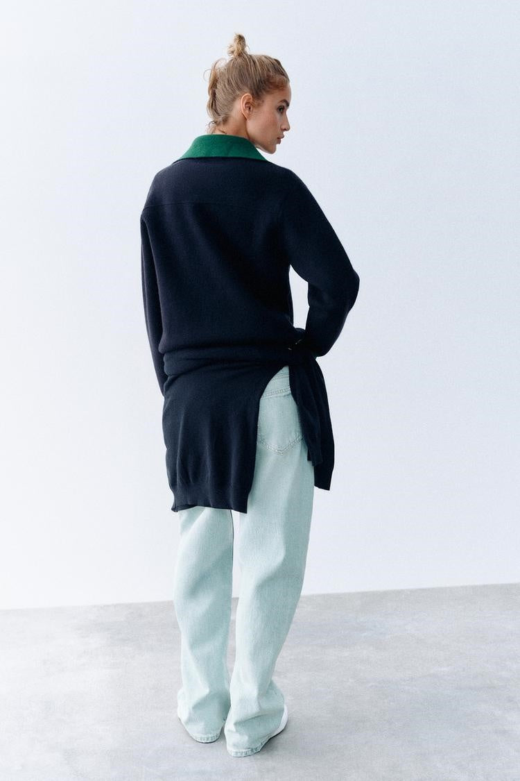 ZA Contrast Collar Full-Zip Knit Jacket
