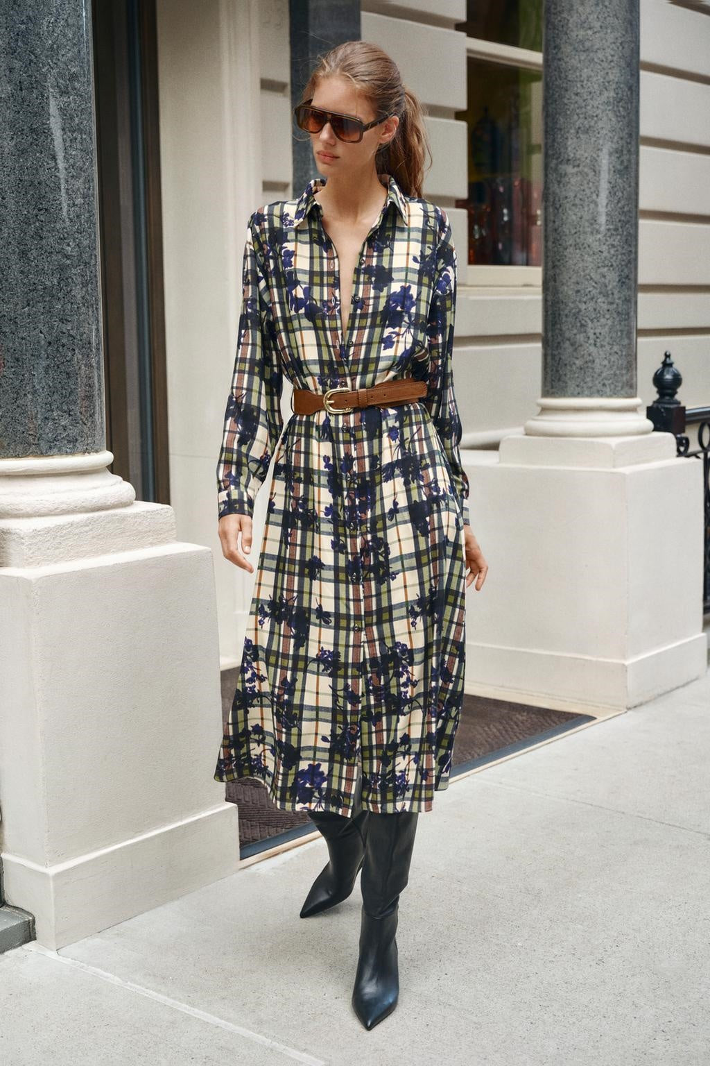 ZA Floral Plaid Belted Maxi Shirt Dress