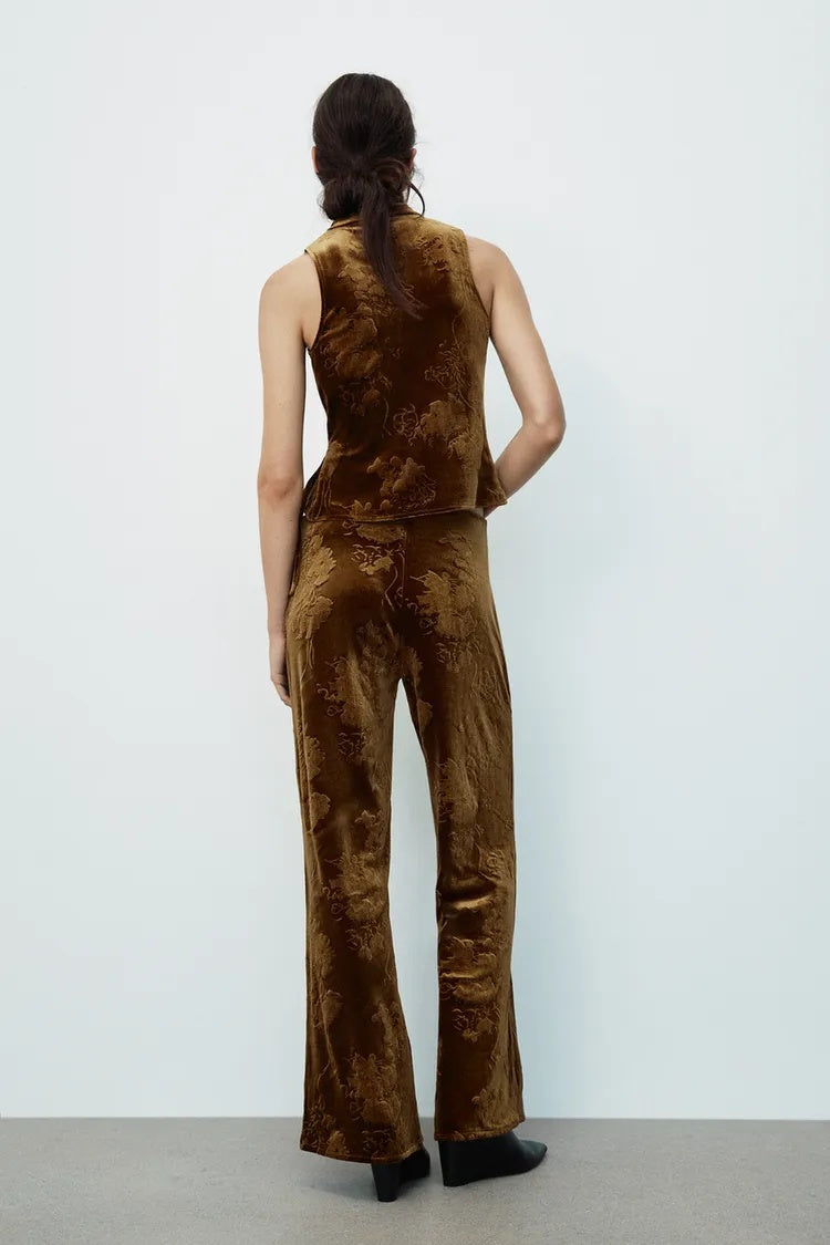 ZA Floral Velvet Wrap Top & Wide-Leg Pants Set