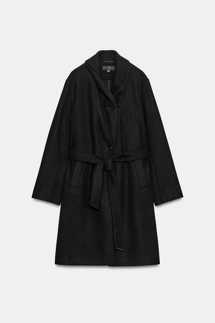 ZA Belted Shawl-Collar Long Coat