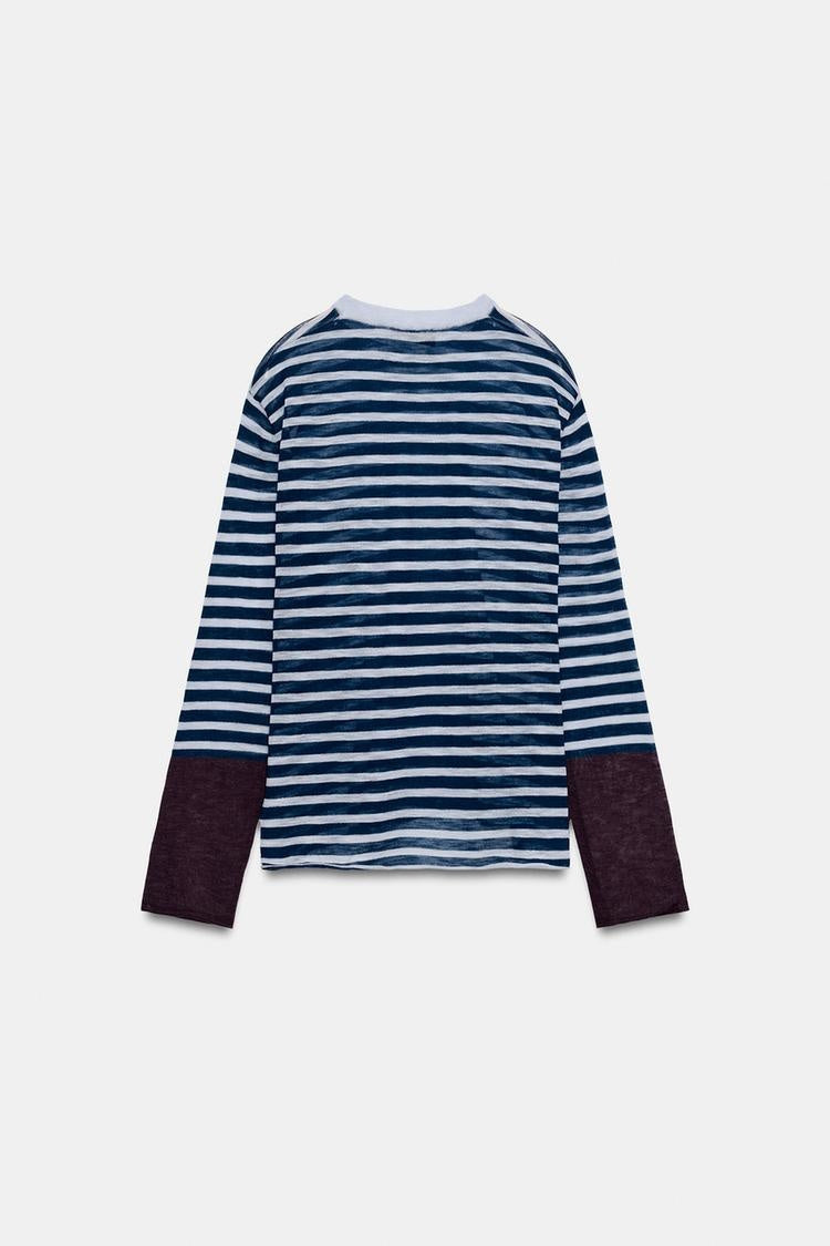 ZA Striped Contrast-Cuff Long-Sleeve Top