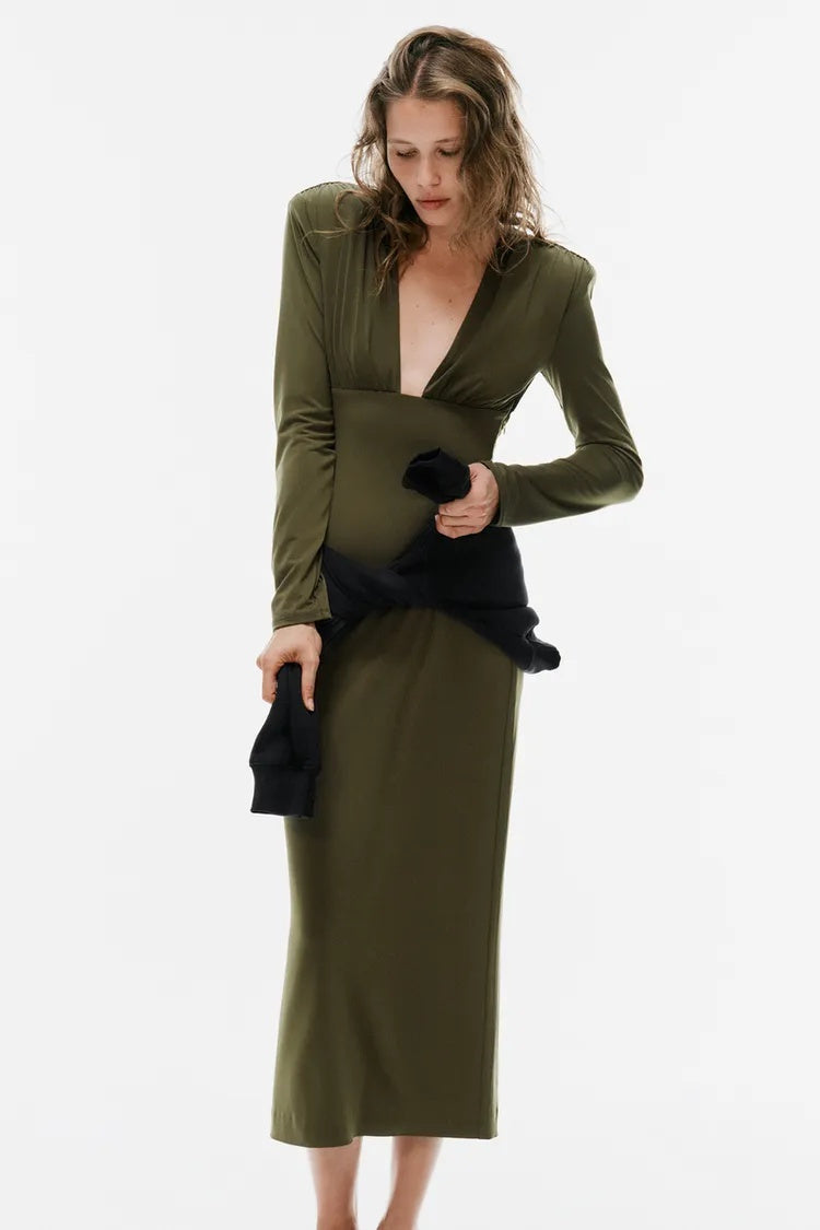 ZA Olive Green Deep V-Neck Maxi Dress
