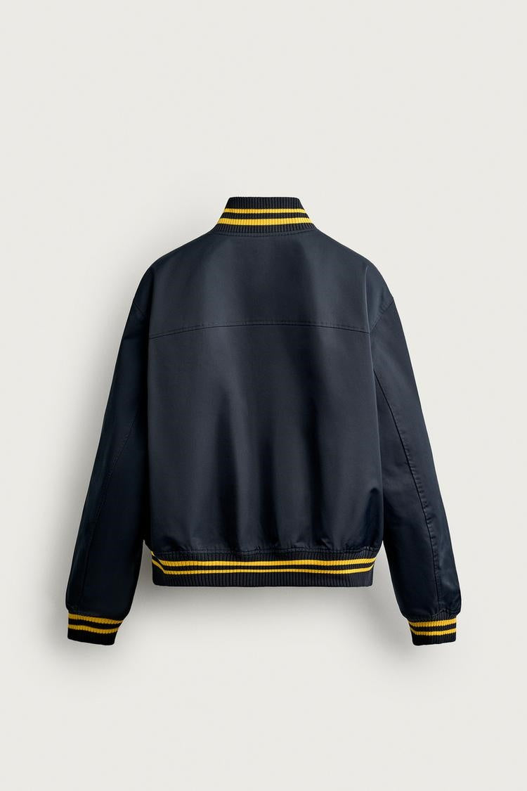 Navy Varsity Bomber Jacket with Yellow Stripe Trim