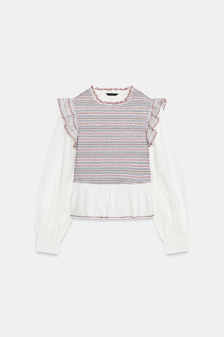 ZA Embroidered Smocked Ruffle Blouse